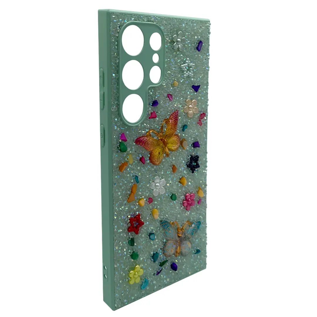 Samsung Galaxy S24 FE Butterfly and Diamond Bling Case Green